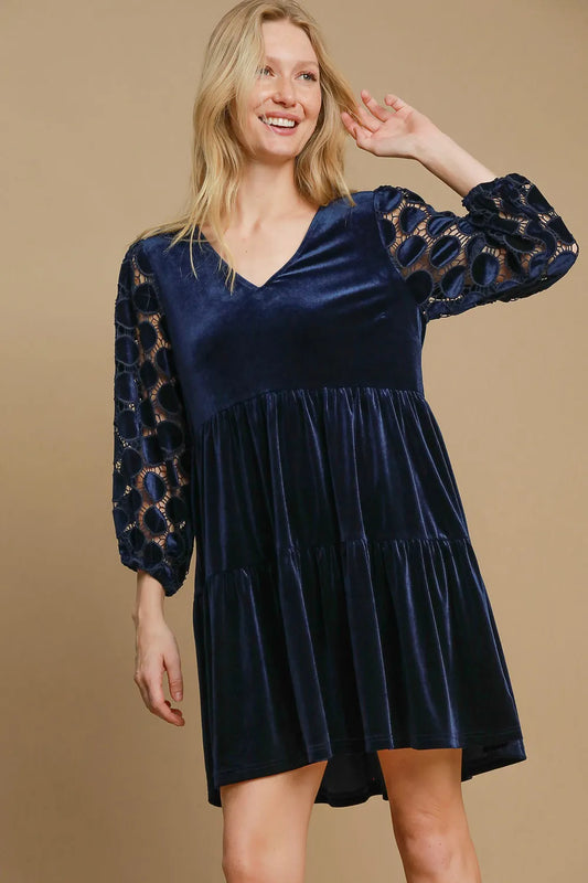 Dotted Lace Sleeve Tiered Velvet Mini Dress - Navy - product view 1
