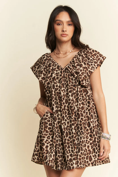 Animal Printed Velvet Ribbon Mini Dress in Leapard Brown - product view 9