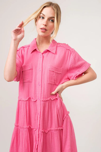Full Size Raw Edge Washed Tiered Shirt Dress in Pink - product view 6