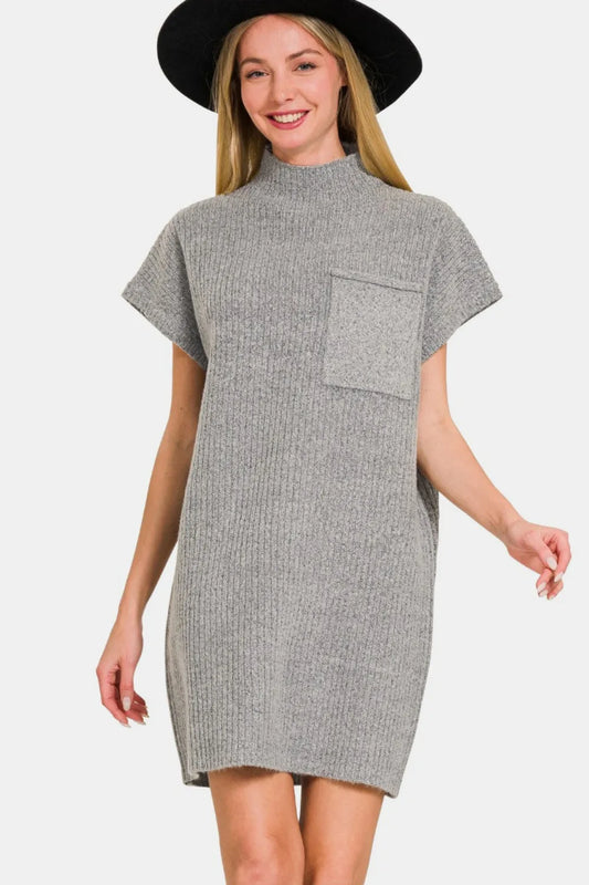 Short Sleeve Sweater Mini Dress - Grey - product view 1