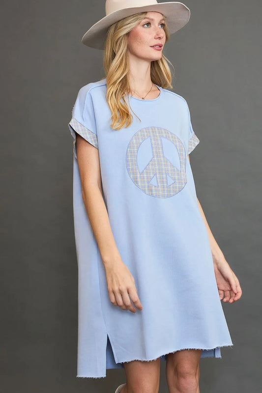 Peace Plaid Applique Short Sleeve Mini Dress - Light Blue - product view 1
