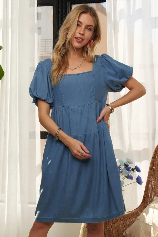 Square Neck Puff Sleeve Denim Dress in Peacock Blue - product view 6