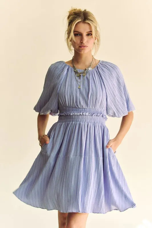 Back Button Puff Sleeve Mini Dress in Lavender - product view 1