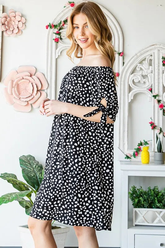Full Size Short Sleeve Off Shoulder Animal Mini Dress Plus Size in Black/Ivory - product view 11