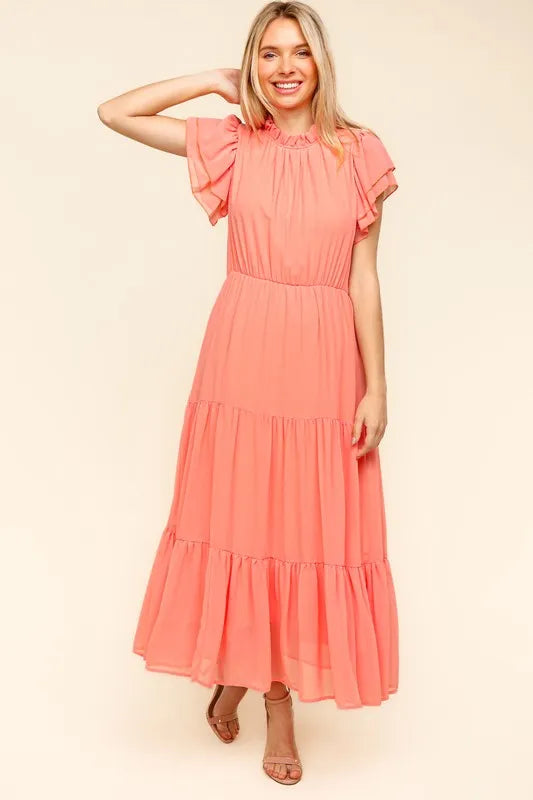 Full Size Tiered Frill Mock Neck Short Sleeve Dress in Peach - product view 6