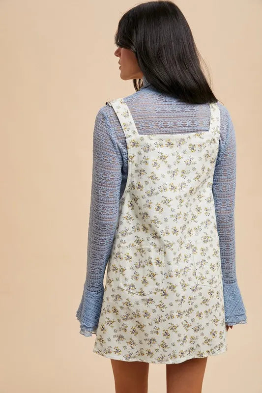 Stretch Ditsy Print Denim Overall Mini Dress in Ivory - product view 9