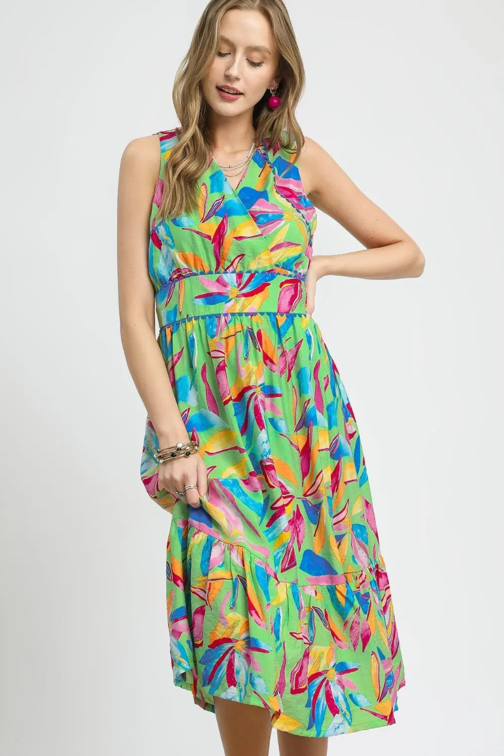 Ruffled Hem Printed Sleeveless Midi Dress in Green - product view 1