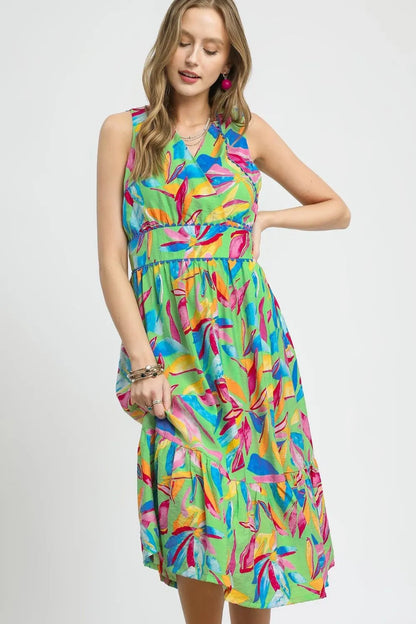 Ruffled Hem Printed Sleeveless Midi Dress in Green - product view 1