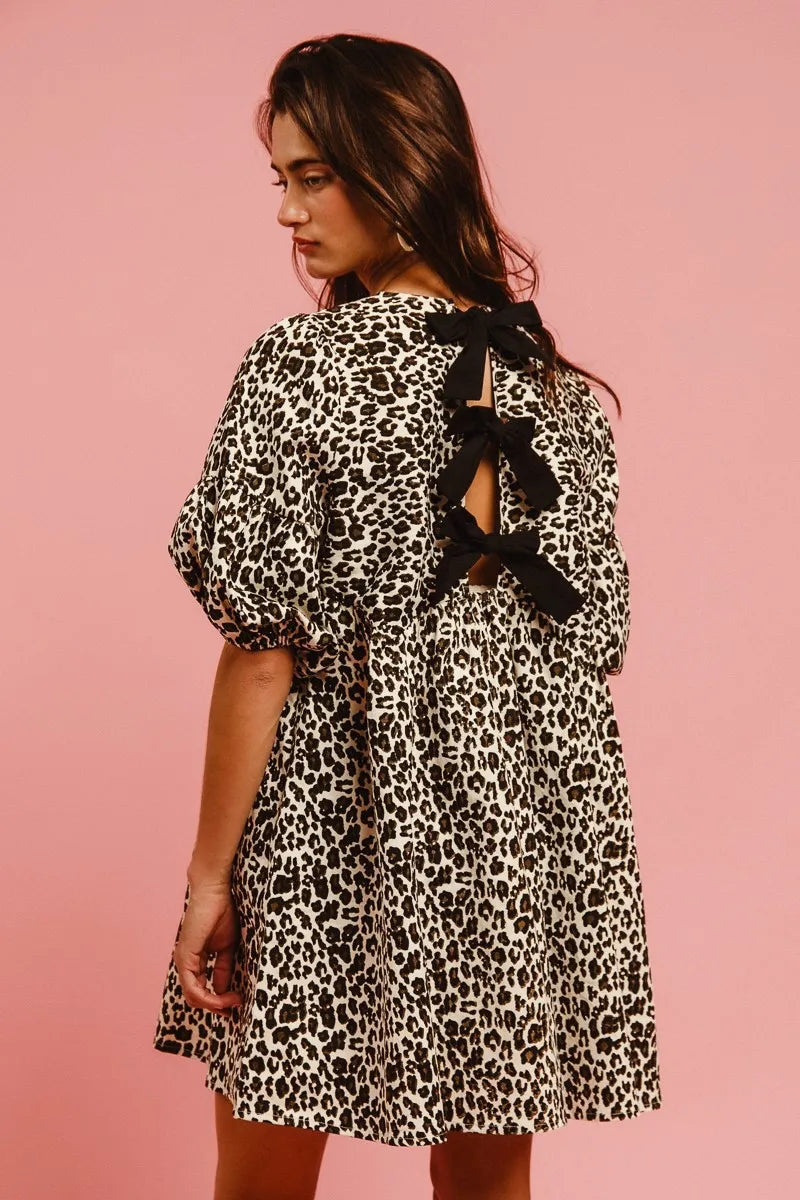 Leopard Denim Dress With Back Contrast Tie Detail in Off White Leopard - product view 3