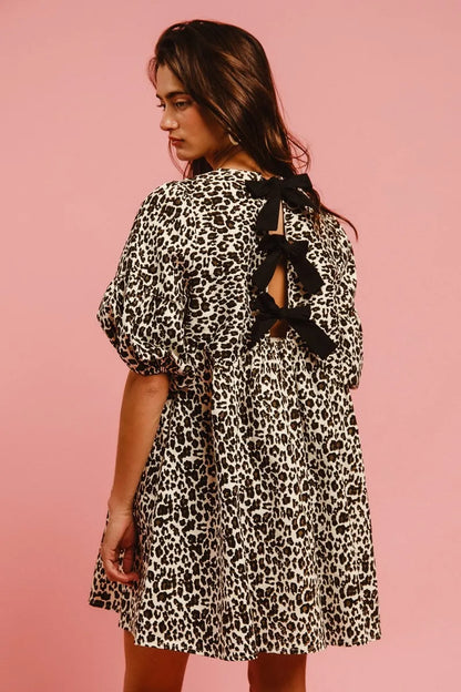 Leopard Denim Dress With Back Contrast Tie Detail in Off White Leopard - product view 3
