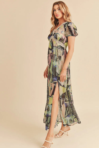 Lace Detail Slit Geometric Print Short Sleeve Maxi Dress in Green - product view 5