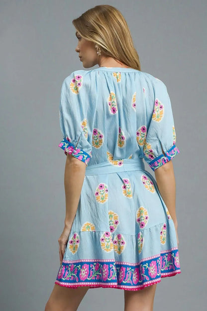 Floral Print Tie Waist Short Sleeve Dress - Pastel Blue - product view 4