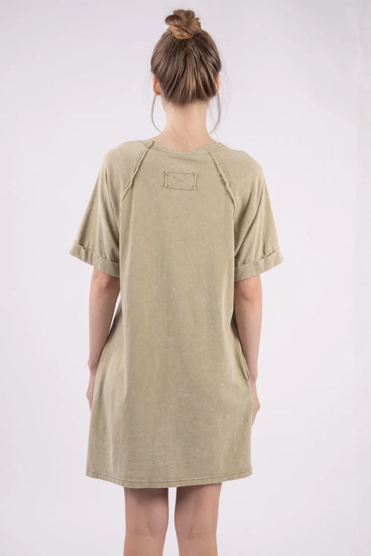 Washed Round Neck Mini Tee Dress - Sage - product view 2