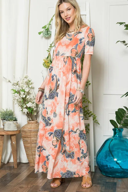 Paisley Print Short Sleeve Maxi Dress with Pockets in Orange Paisley - product view 3