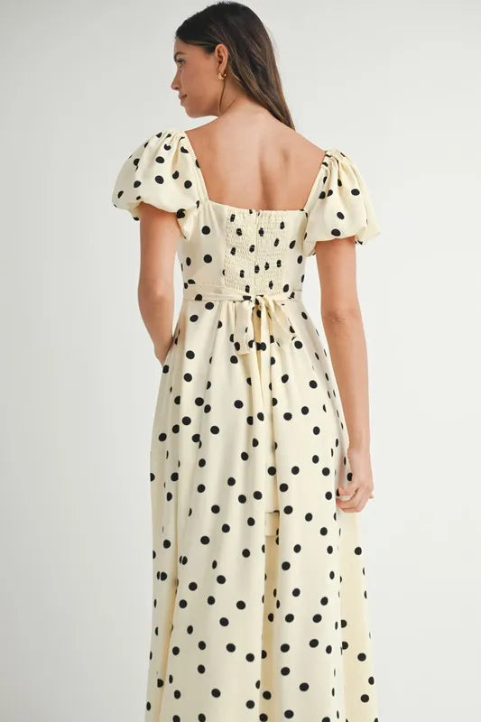 Polka Dot Puff Sleeve Midi Dress - Cream - product view 8