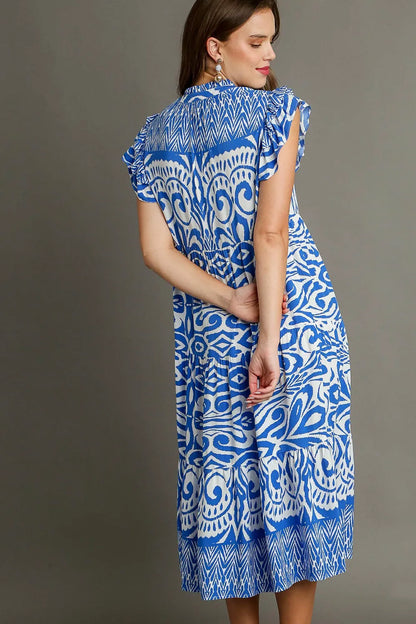 Full Size Two Tone Border Print Ruffle Cap Sleeve Midi Dress Plus Size - Blue - product view 4