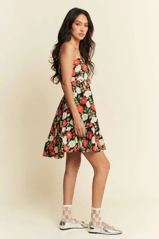 Floral Scalloped Cutout Back Mini Dress in Black - product view 9