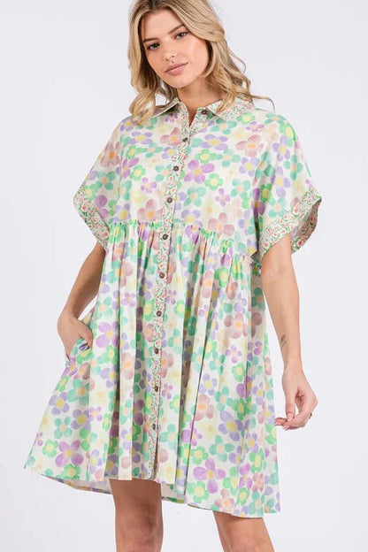 Floral Babydoll Short Sleeves Dress in Gum Leaf - product view 3