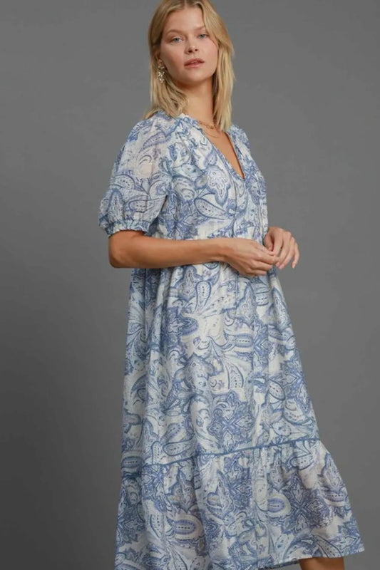 Full Size Printed Puff Short Sleeve Midi Dress Plus Size - Blue Mix - product view 2