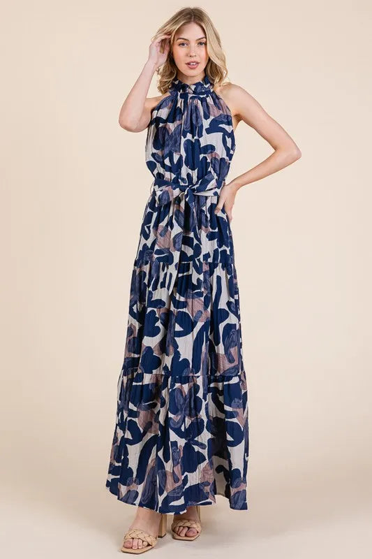 Abstract Halter Neck Tie-Waist Tiered Maxi Dress in Navy Combo - product view 16