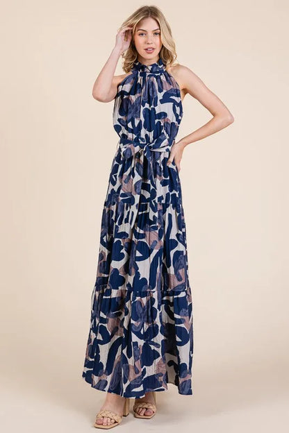 Abstract Halter Neck Tie-Waist Tiered Maxi Dress in Navy Combo - product view 16