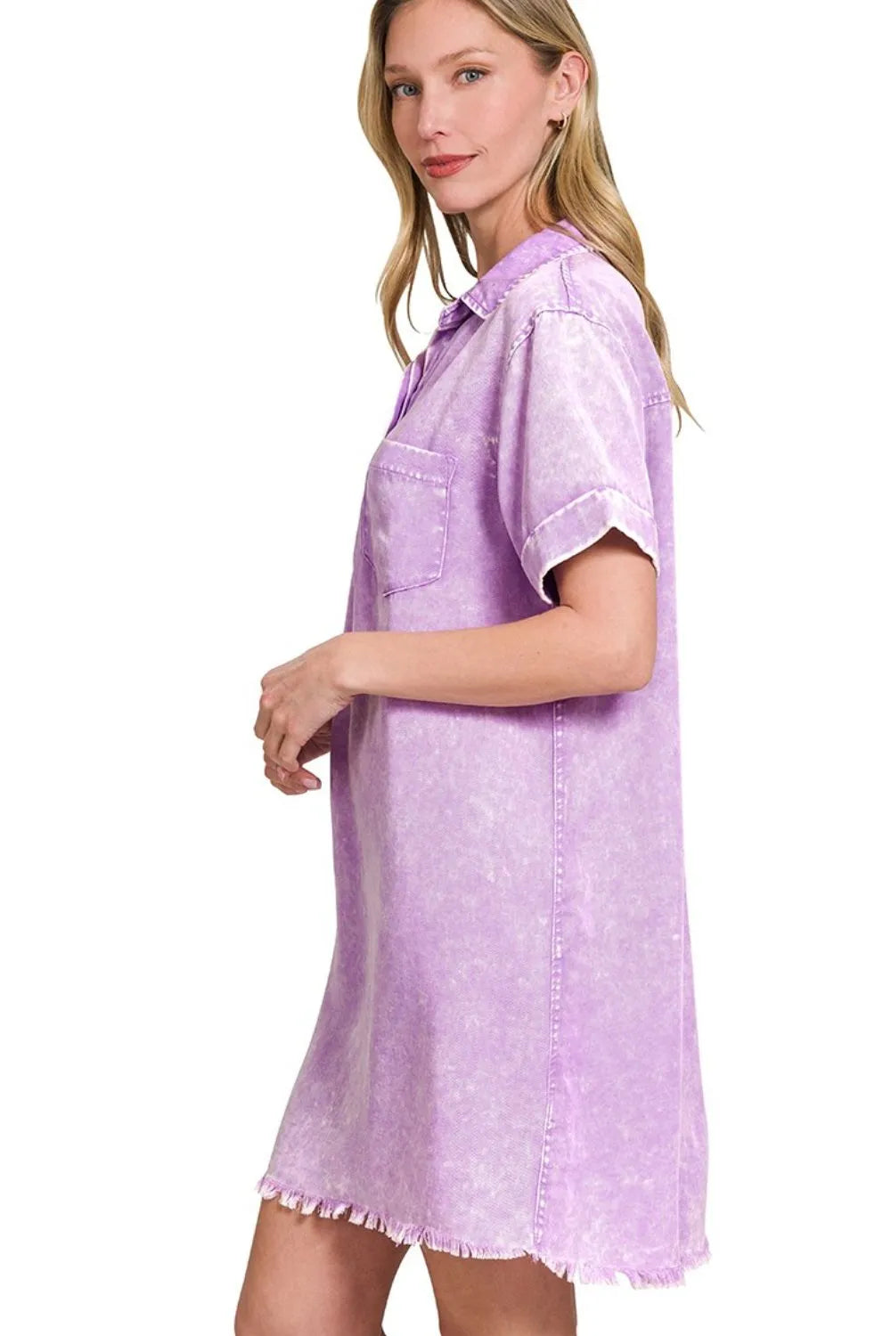 Tencel Mineral Washed Collared Shirts Dress - B Lavender - product view 3