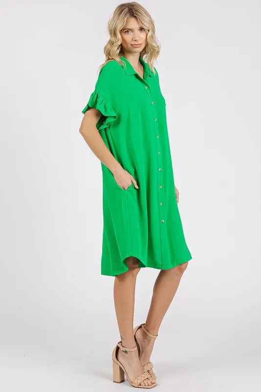 Button Down Flounce Sleeve Dress with Pockets - Green - product view 3