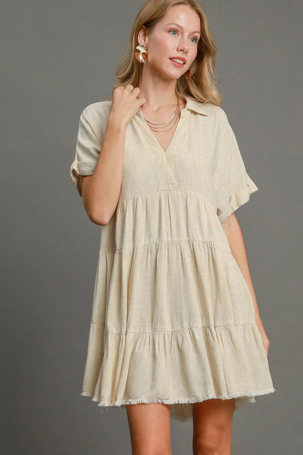 Full Size Raw Hem Folded Sleeve Tiered Dress Plus Size - Oatmeal - product view 1