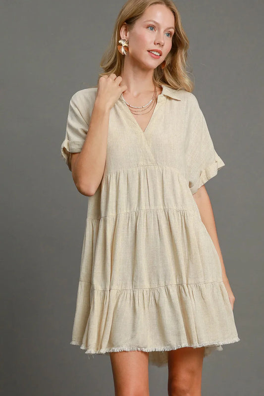 Full Size Raw Hem Folded Sleeve Tiered Dress Plus Size - Oatmeal - product view 1