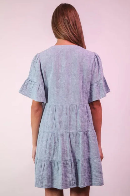 Mineral Washed Baby Bell Sleeve Woven Mini Dress in Denim - product view 3