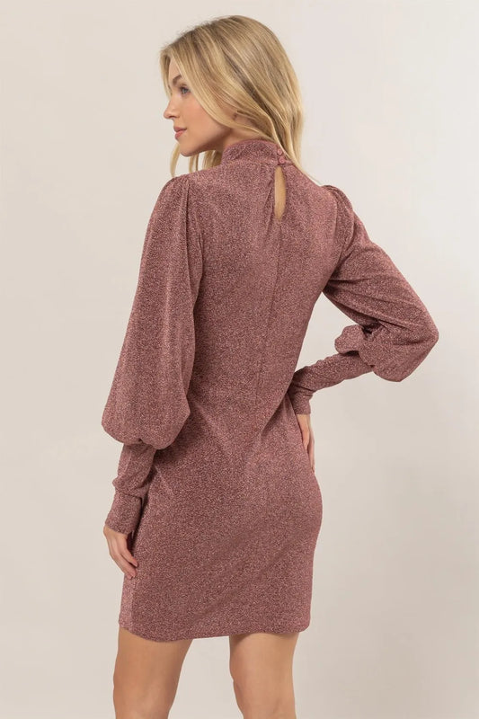 Glitter Mock Neck Long Sleeve Mini Dress - Rose - product view 2