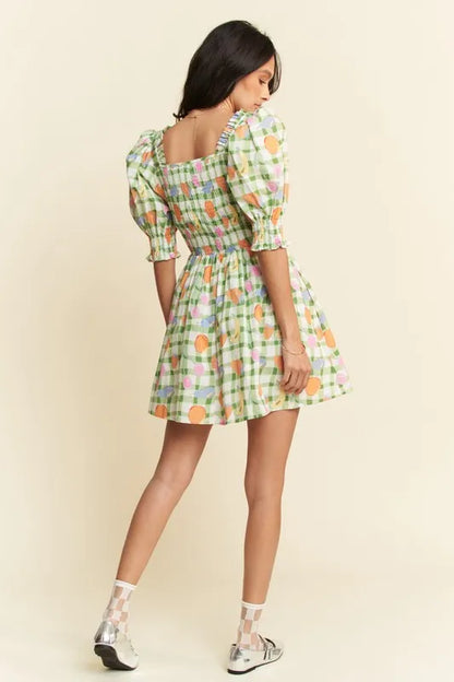 Fruits Printed Smocking Mini Dress - Sage - product view 7