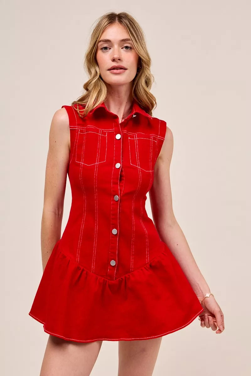 Button Down Sleeveless Collared Game Day Mini Dress - Red - product view 1