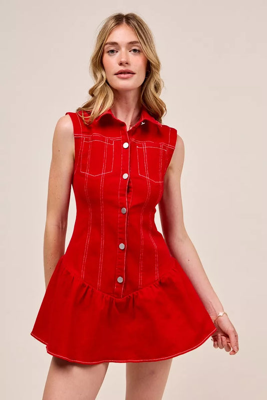Button Down Sleeveless Collared Game Day Mini Dress - Red - product view 1
