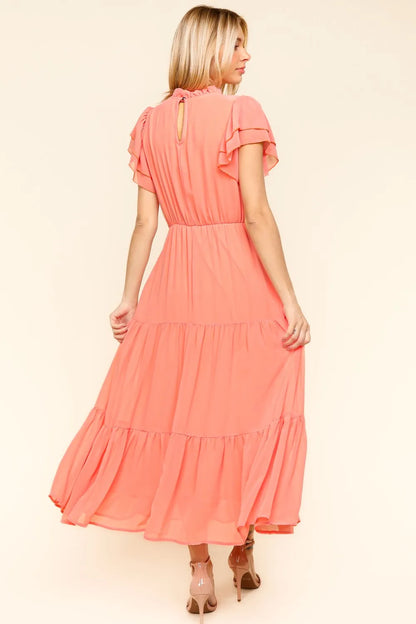 Full Size Tiered Frill Mock Neck Short Sleeve Dress in Peach - product view 2
