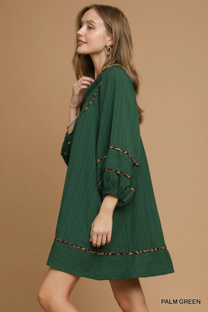 Textured Babydoll Dress with Leopard Trim - Palm Green - product view 2
