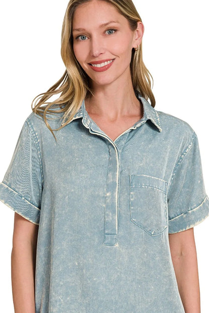 Tencel Mineral Washed Collared Shirts Dress - Blue Grey - product view 4