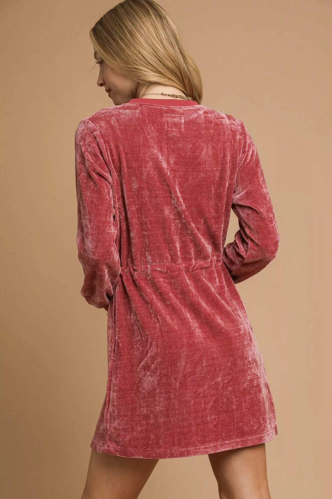 Velour Drawstring Mini Dress with Long Sleeves - Burgundy - product view 3