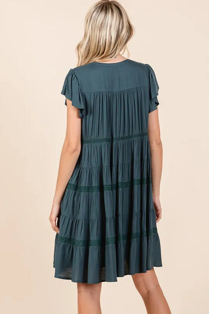 Lace Detail Ruffled Button Down Tiered Dress - Deep Teal - product view 4