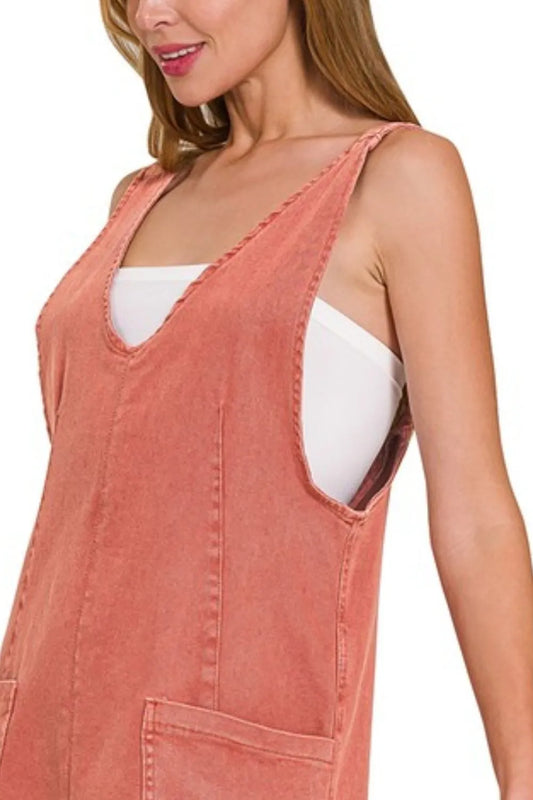 Washed Adjustable Strap Denim Overall Dress - Coral & Cabernet in Coral and Cabernet - product view 2