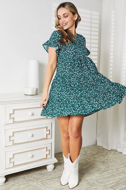 Short Flounce Sleeve Tiered Dress in Pink and Dark Green - product view 11
