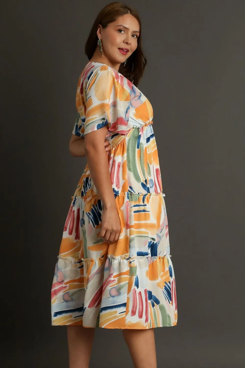 Full Size Abstract Print Flutter Sleeve Frill Tiered Midi Dress Plus Size in Tangerinemix - product view 6