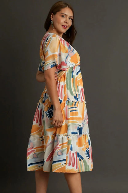 Full Size Abstract Print Flutter Sleeve Frill Tiered Midi Dress Plus Size in Tangerinemix - product view 6