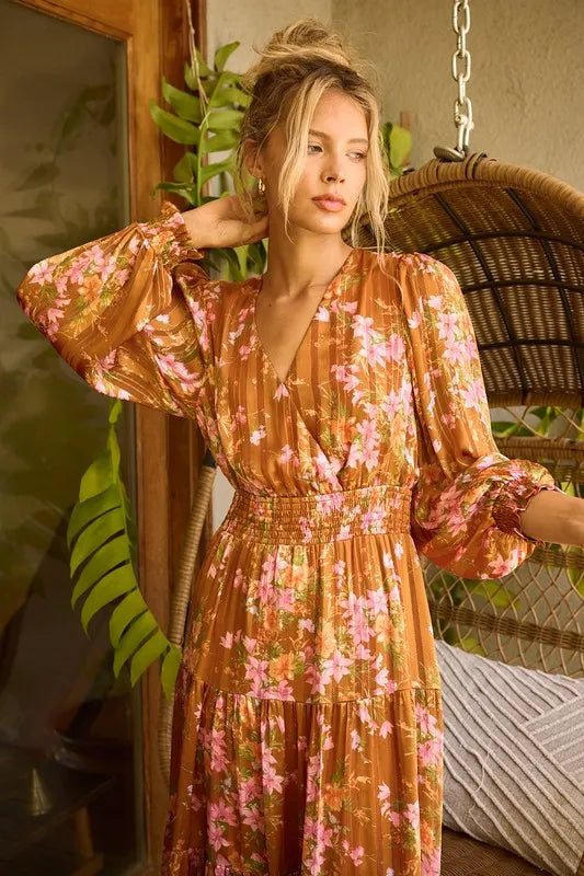 Flower Print Satin Lurex Stripe Smocked Midi Dress in Terracotta - product view 1