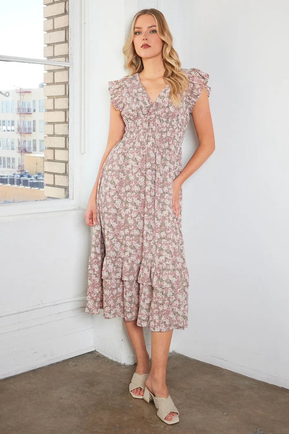 Flower Print Ruffle Cap Sleeve V-neck Midi Dress - Mauve - product view 3