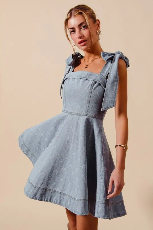 A Line Fit and Flare Diamond Bow Ribbon Denim Dres in Lt Denim - product view 5