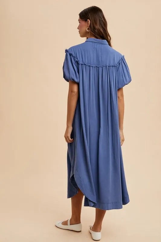 Mineral Washed Button Down Puff Sleeve Shirt Dress - Peacock Blue - product view 3