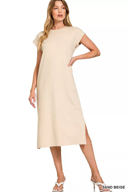 Round Neck Side Slit Midi Dress - Sand Beige - product view 1