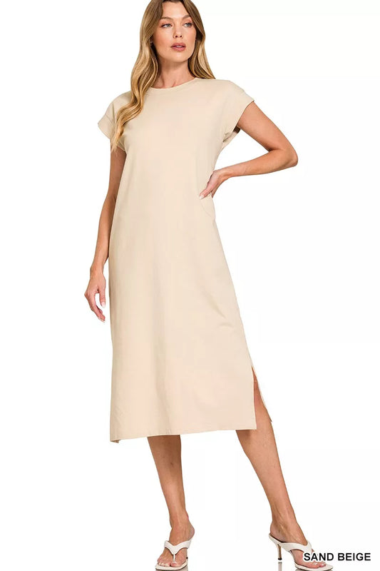Round Neck Side Slit Midi Dress - Sand Beige - product view 1