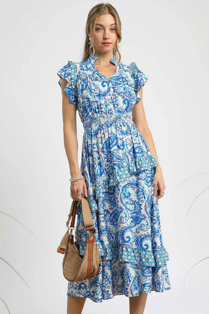 Paisley Print Ruffle Sleeve Midi Dress in Royal Blue - product view 1